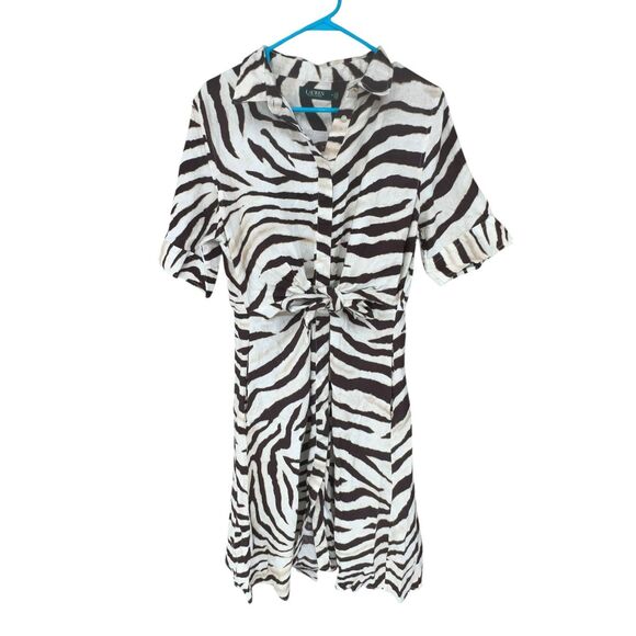 Ralph Lauren Shirt Dress 14 100% Linen Zebra Safari Print Waist Tie 3/4 Sleeve - Picture 6 of 11